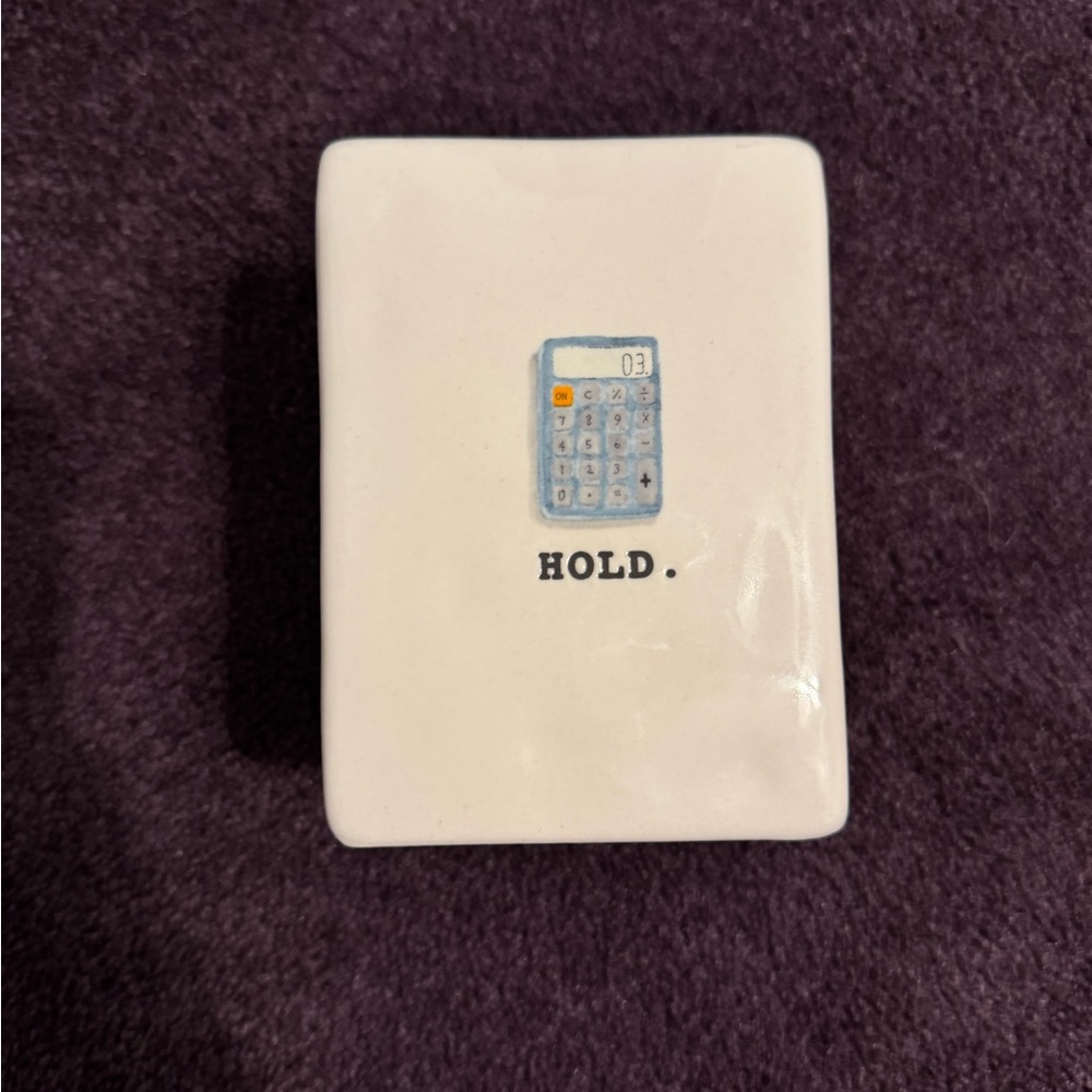 Rae Dunn White Ceramic Trinket Box with Calculator Design
